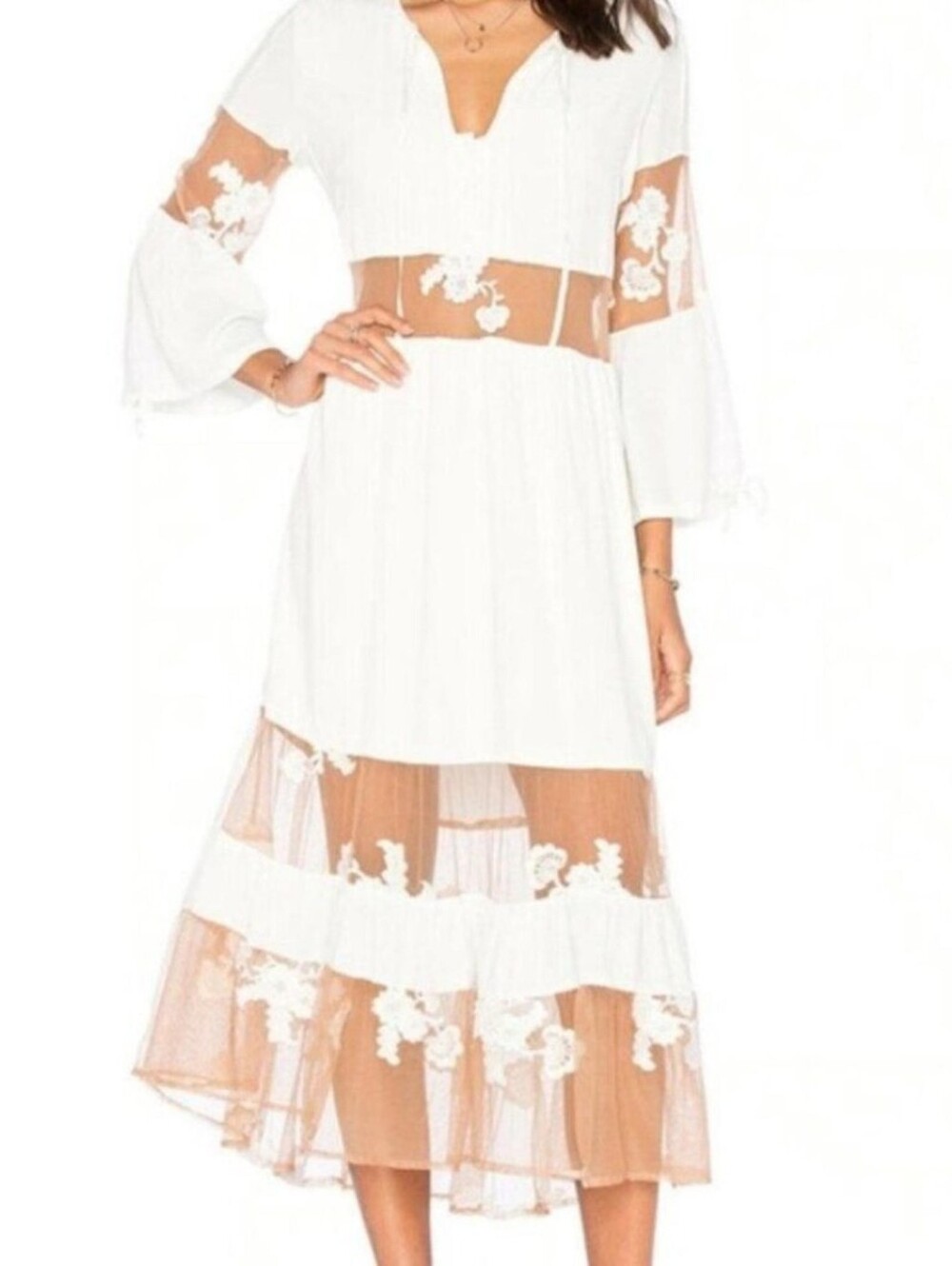 For Love & Lemons Eva Midi Dress in White And Tan Size Small